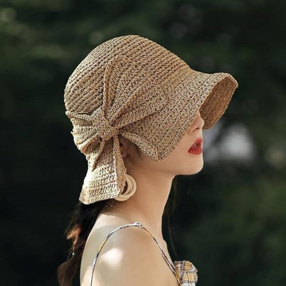 Women’s Foldable Straw Sun Hats With Bow - Picture 2 of 10